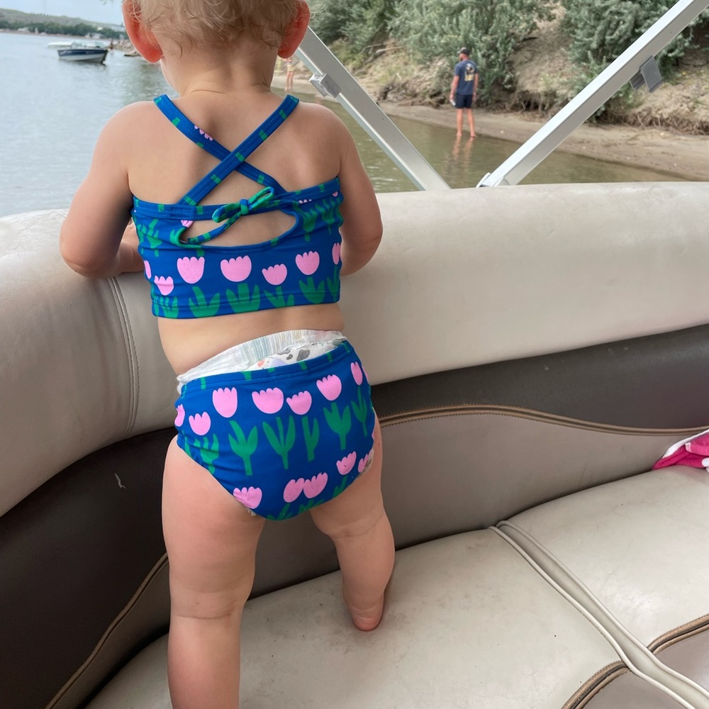2T Tankini with pink tulips on blue